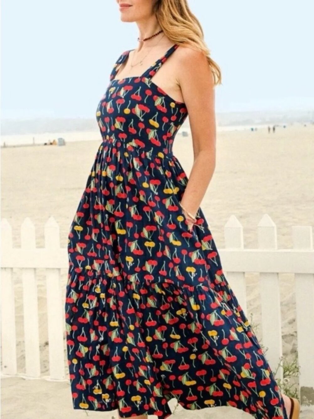 Pink Chicken Cotton Cherry Print Tiered Summer Dress, Medium